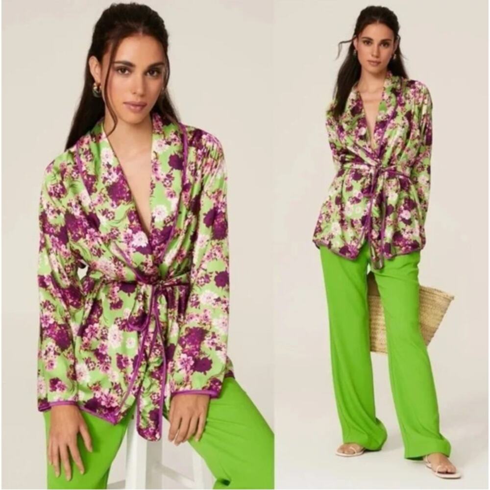 Giovanna Nicolai Green Purple Floral Satin Wrap Tie Top Blouse Sz 46/L